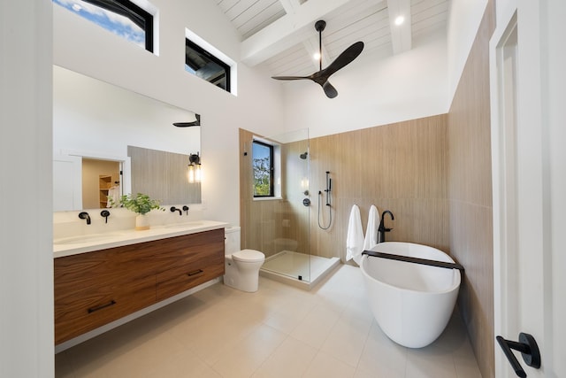 965 Hog Back Rd Unit 1, Haiku, HI 96708 - full bathroom with a walk in shower, double vanity, a ceiling fan, a soaking tub, and a high ceiling