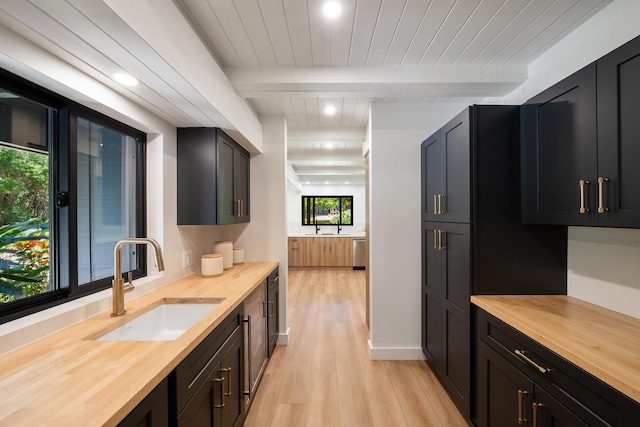 965 Hog Back Rd Unit 1, Haiku, HI 96708 - kitchen with wooden counters, healthy amount of natural light, light wood-style floors, a wooden ceiling with exposed beams, and dark cabinetry