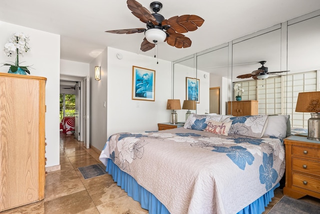 bedroom featuring ceiling fan and a closet