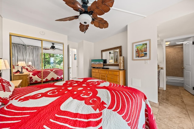 bedroom featuring ceiling fan and a closet