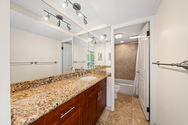 full bathroom with toilet, vanity, and shower / bathtub combination with curtain