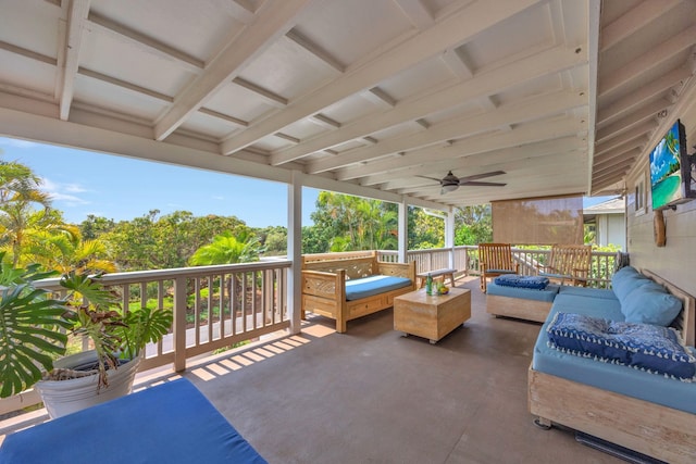 view of patio / terrace featuring a ceiling fan and an outdoor hangout area