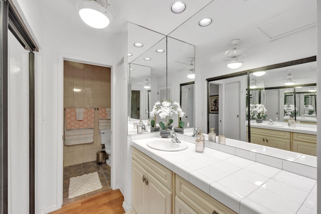 bathroom featuring ceiling fan, wood-type flooring, toilet, and vanity