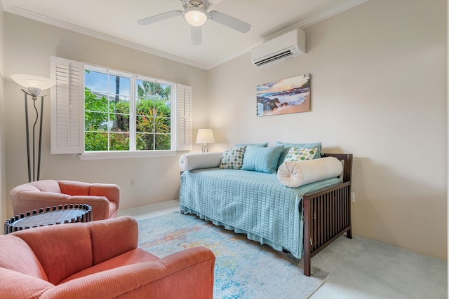 3950 Kalai Waa St Unit R 103, Kihei, HI 96753 - bedroom featuring a wall mounted air conditioner, crown molding, carpet, and ceiling fan