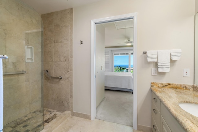 3950 Kalai Waa St Unit R 103, Kihei, HI 96753 - bathroom featuring ensuite bath, vanity, tiled shower, and a ceiling fan