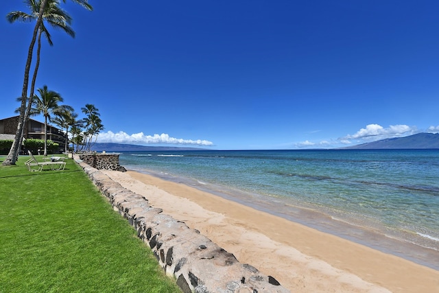 view of water feature with a beach view