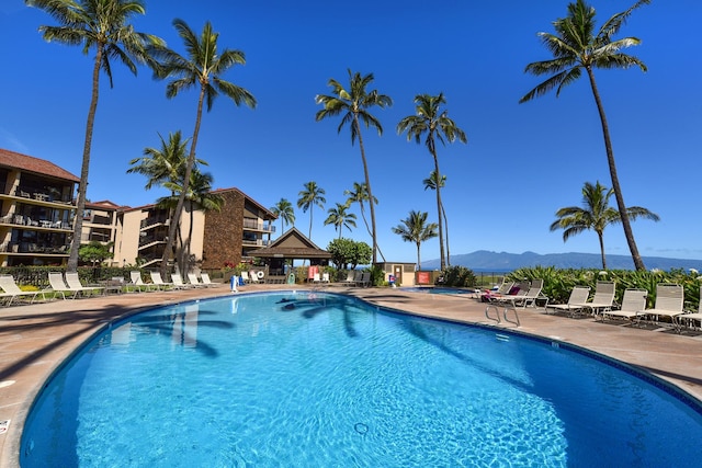 view of swimming pool with a mountain view and a patio