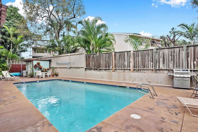 view of pool with grilling area and a patio area