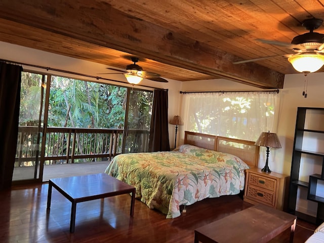 bedroom with hardwood / wood-style flooring, ceiling fan, access to exterior, and wood ceiling