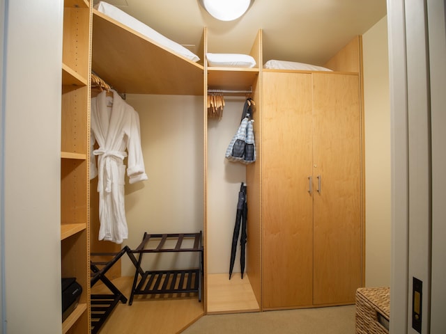 walk in closet featuring light colored carpet