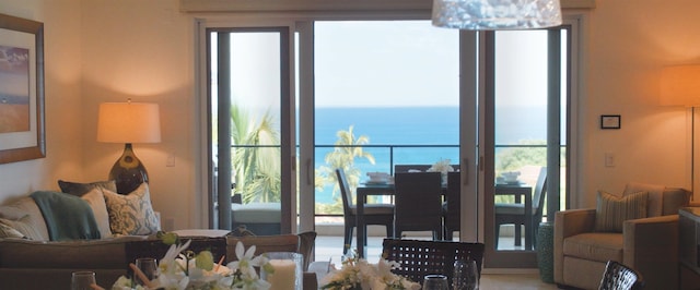 living room featuring a water view