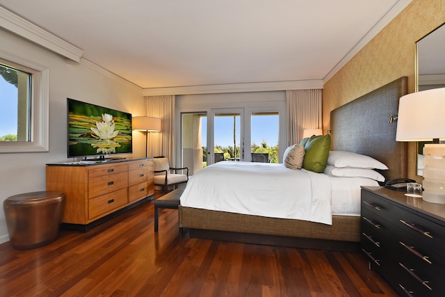 bedroom featuring access to exterior, dark hardwood / wood-style floors, and crown molding