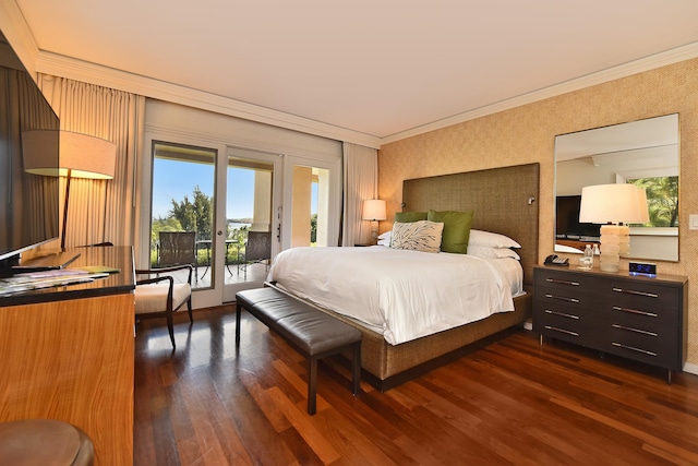 bedroom featuring access to outside, dark hardwood / wood-style floors, and crown molding