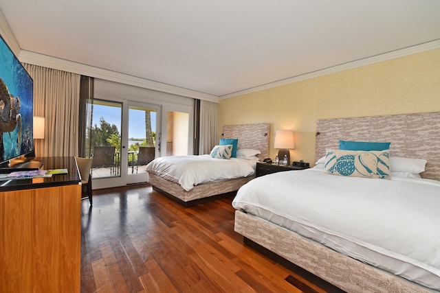 bedroom with access to exterior, crown molding, and dark wood-type flooring