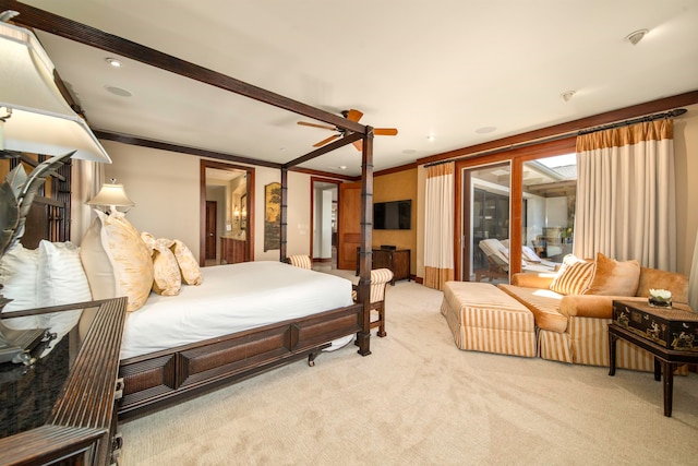 carpeted bedroom featuring ceiling fan, crown molding, and access to outside