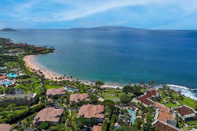 aerial view with a view of the beach and a water view