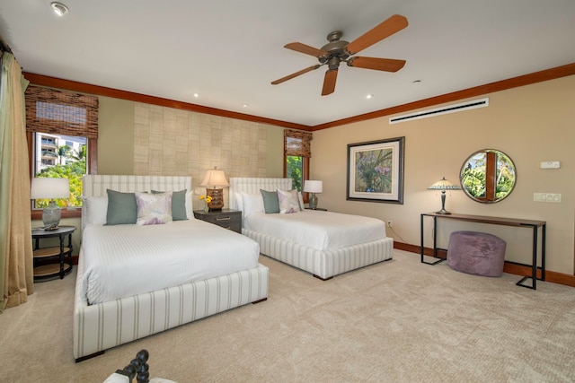 bedroom with ornamental molding, ceiling fan, and light colored carpet