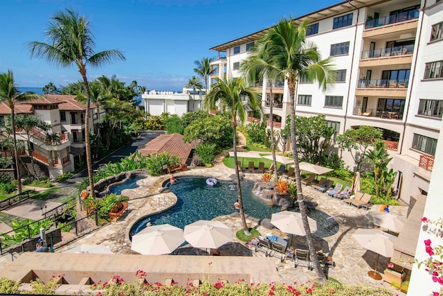 view of swimming pool featuring a patio area