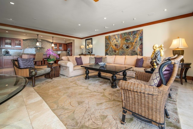 living room with ornamental molding