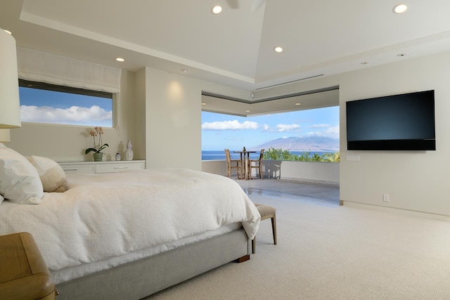 carpeted bedroom with lofted ceiling