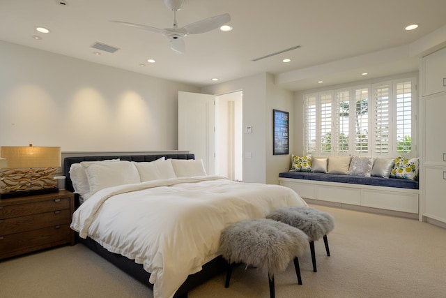 carpeted bedroom featuring ceiling fan