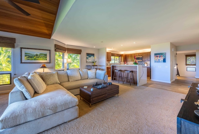 living room with wood ceiling