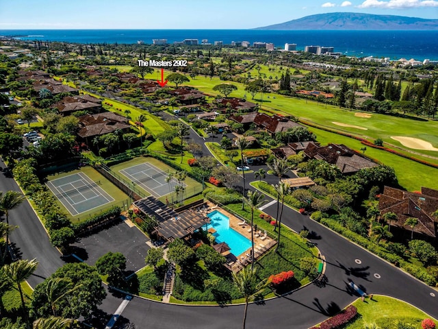 aerial view with a water and mountain view