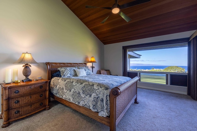 carpeted bedroom with ceiling fan, lofted ceiling, and wood ceiling