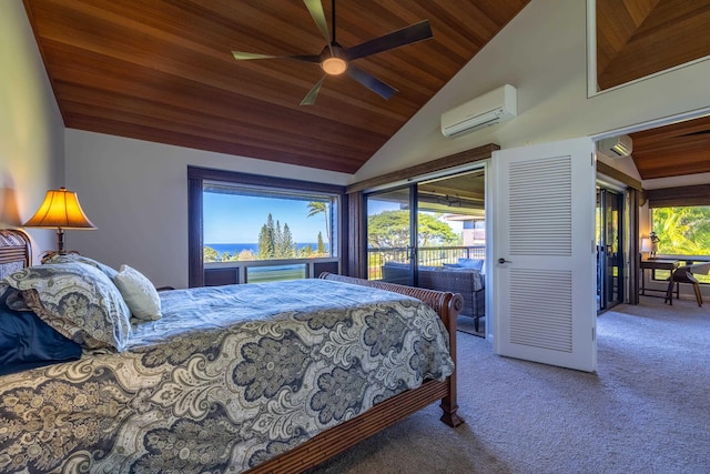 carpeted bedroom with access to outside, a wall unit AC, vaulted ceiling, ceiling fan, and wooden ceiling