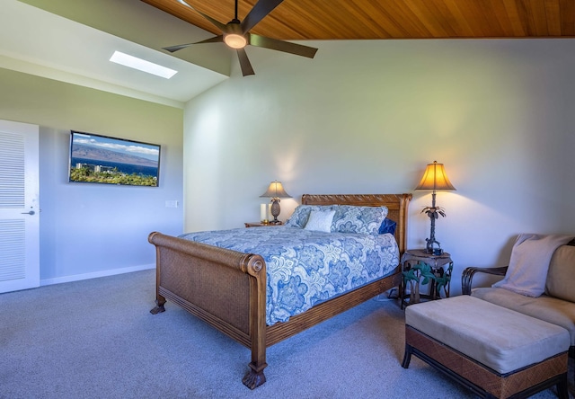 bedroom featuring carpet, wooden ceiling, ceiling fan, and lofted ceiling with skylight