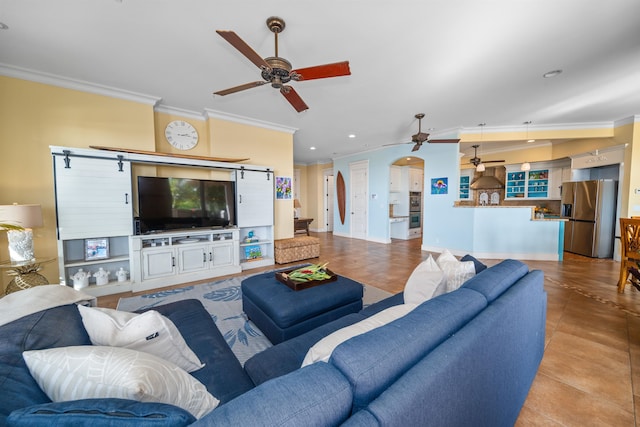 tiled living room featuring ornamental molding