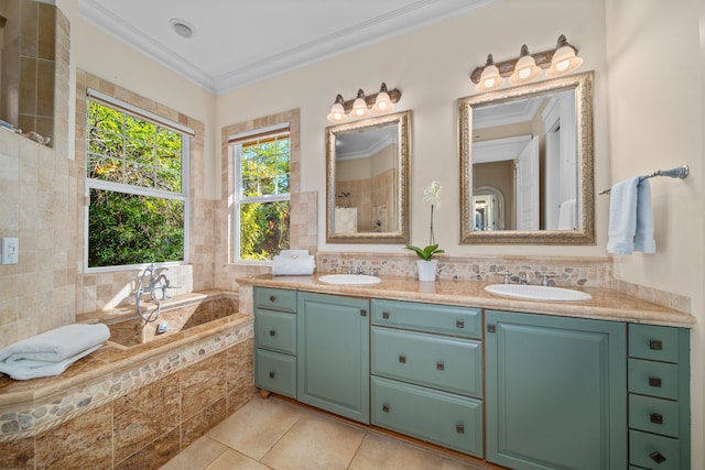 bathroom with vanity, tiled bath, tile patterned floors, and crown molding