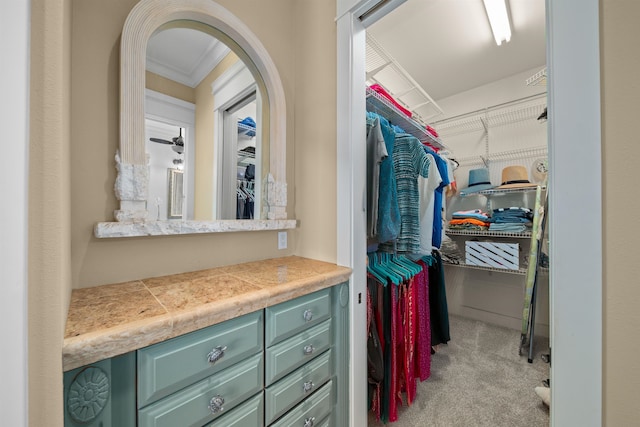 walk in closet featuring light carpet