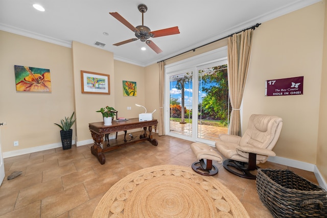 interior space with ceiling fan and ornamental molding