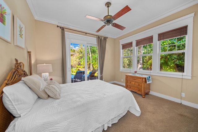 carpeted bedroom featuring access to outside, ceiling fan, and ornamental molding