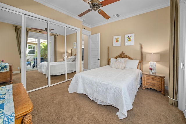 bedroom featuring access to exterior, ceiling fan, carpet floors, and ornamental molding