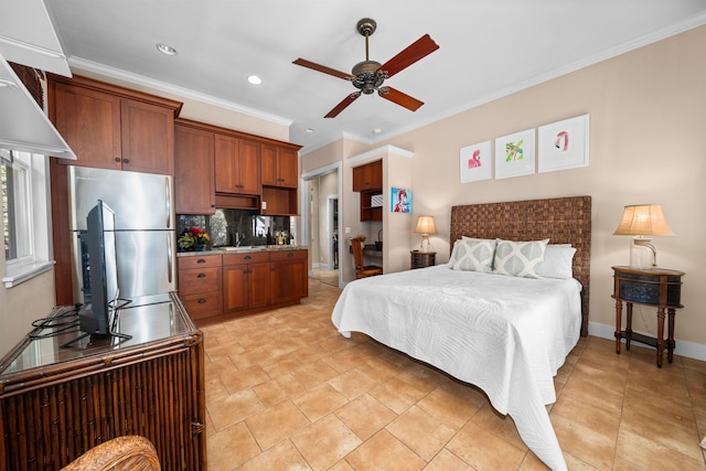 bedroom with stainless steel fridge, ceiling fan, and crown molding