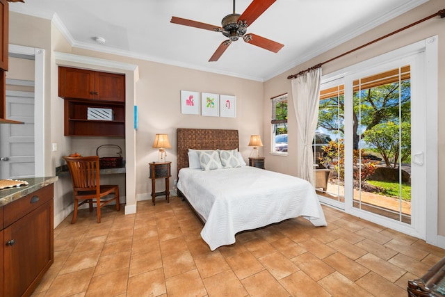 bedroom featuring access to outside, ceiling fan, and ornamental molding