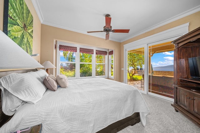 bedroom featuring access to exterior, light colored carpet, ceiling fan, and ornamental molding