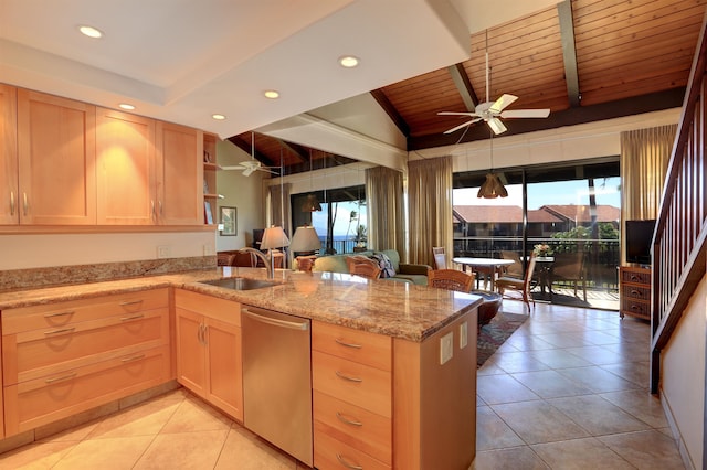 kitchen featuring dishwasher, wooden ceiling, sink, vaulted ceiling, and kitchen peninsula