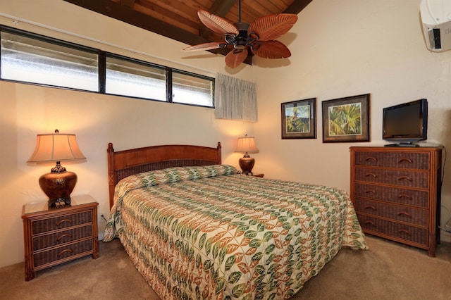 carpeted bedroom with a wall mounted air conditioner, ceiling fan, vaulted ceiling with beams, and wood ceiling