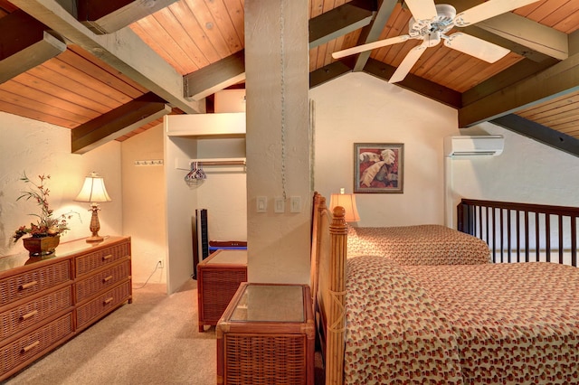 bedroom with wood ceiling, light colored carpet, ceiling fan, lofted ceiling with beams, and an AC wall unit