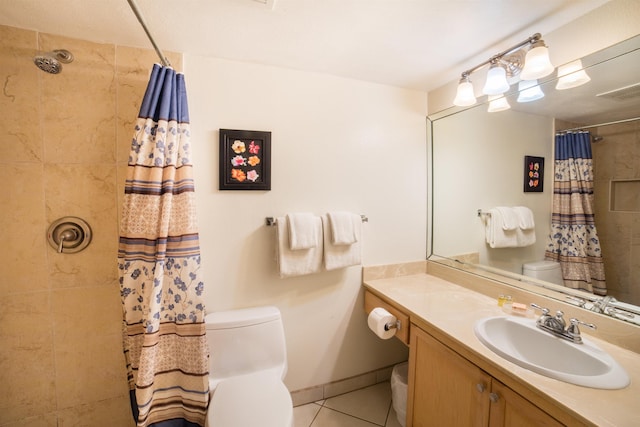 full bathroom featuring baseboards, toilet, a shower with curtain, tile patterned floors, and vanity