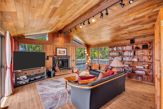 living room with a wealth of natural light, rail lighting, wooden ceiling, and vaulted ceiling