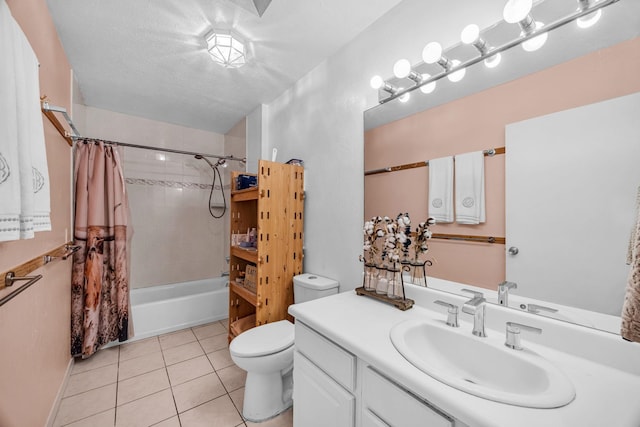 bathroom with tile patterned flooring, vanity, toilet, and shower / bath combination with curtain