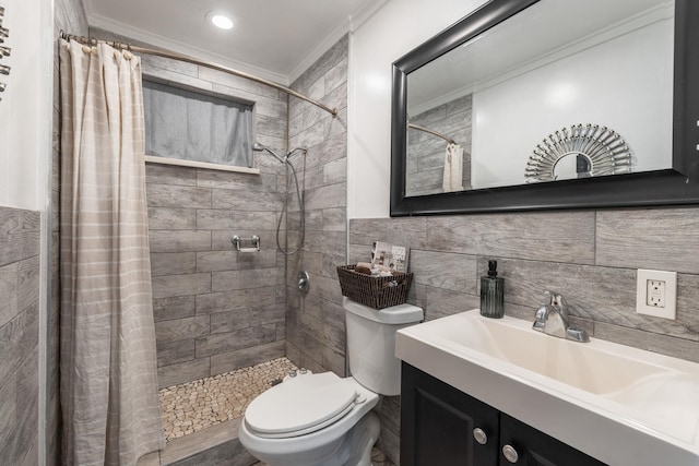 full bathroom with toilet, tile walls, ornamental molding, and a tile shower