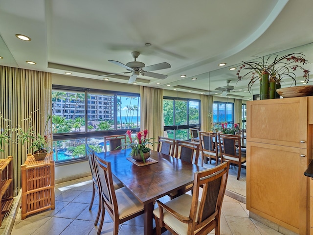 dining area featuring a tray ceiling and ceiling fan