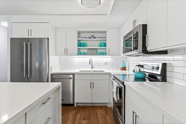 kitchen with white cabinetry, stainless steel appliances, dark hardwood / wood-style floors, and sink