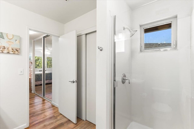 bathroom with wood-type flooring and walk in shower