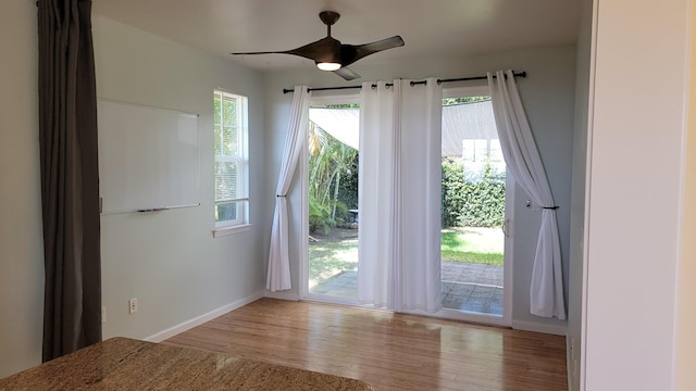 doorway featuring healthy amount of natural light, wood finished floors, and baseboards